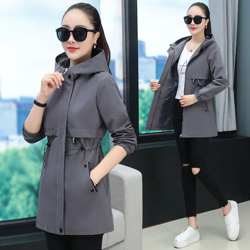 Hooded Coat Jacket for Middle-Aged Mothers Loose Elastic Waist Spring Autumn Zipper Open Cardigan Style Women's Clothing-belleandkai.com