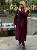TRAFZA Women Fashion Burgundy Woolen Coat Double Breasted Long Sleeve Lapel Blends Jacket Autumn Winter High Street Outerwear-belleandkai.com