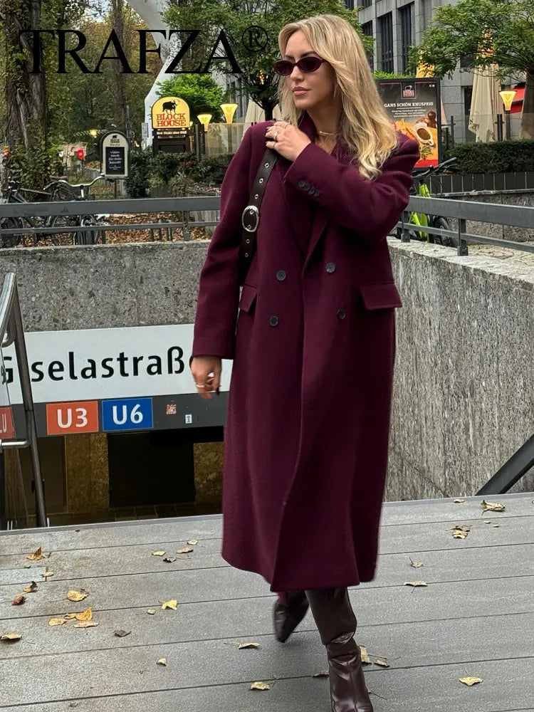 TRAFZA Women Fashion Burgundy Woolen Coat Double Breasted Long Sleeve Lapel Blends Jacket Autumn Winter High Street Outerwear-belleandkai.com