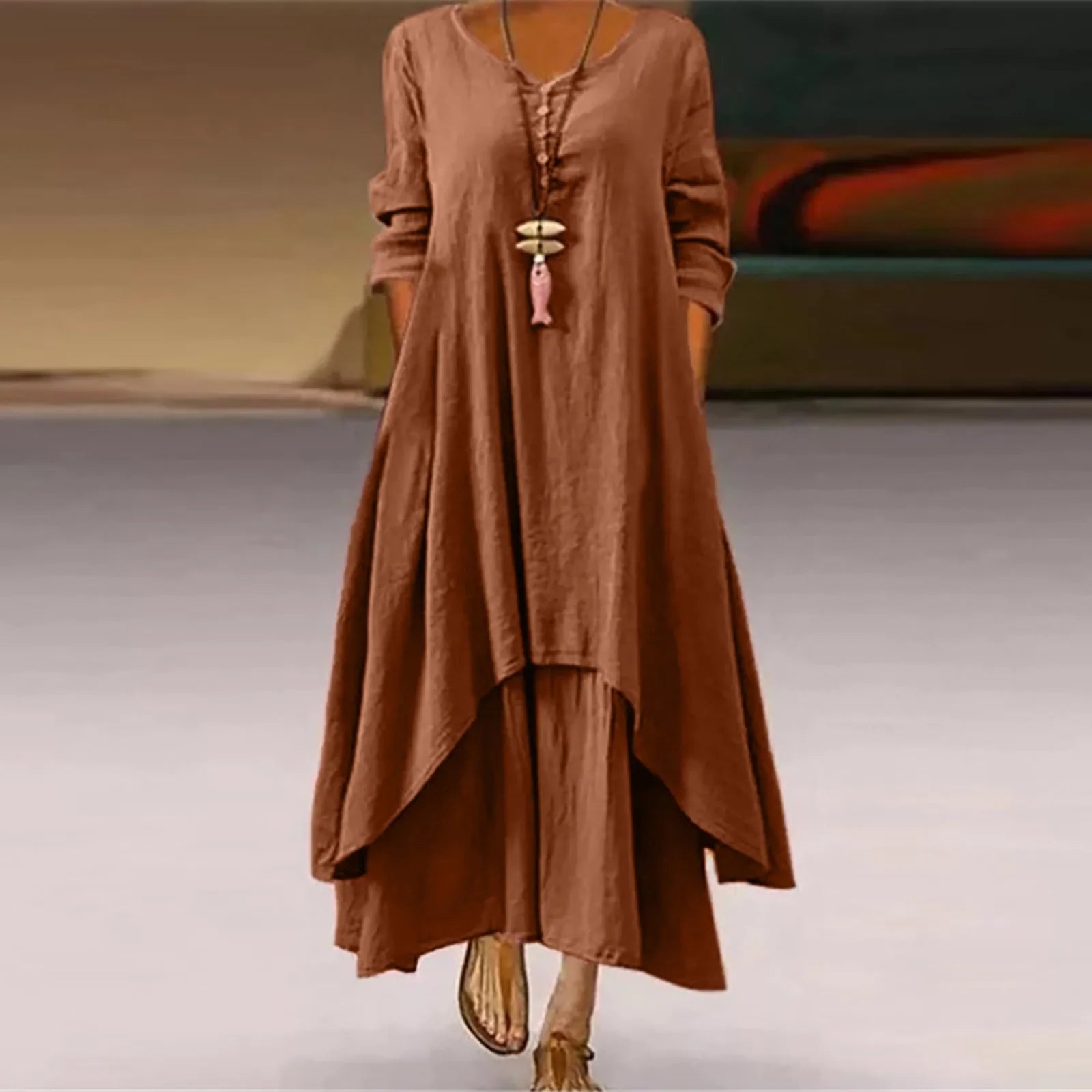 Cotton Women'S Casual Fashion Loose Long Dress With Button Solid Color Dresses-belleandkai.com