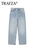 TRAFZA Jeans For Women 2024 Denim Solid Loose Zipper Fly Female Hole Trouser Pockets Wild Basic Commute Woman Wide Leg Long Pant-belleandkai.com