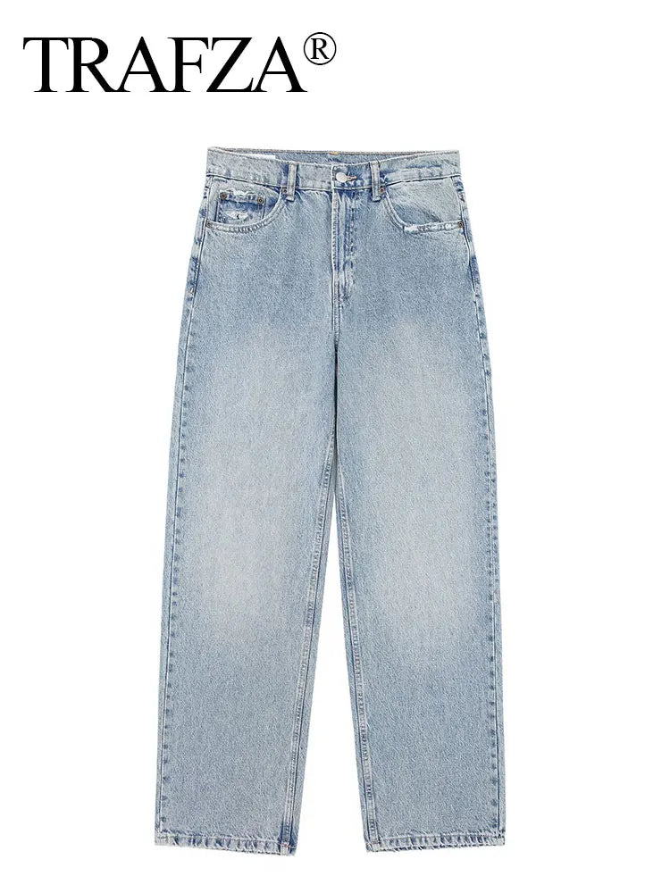 TRAFZA Jeans For Women 2024 Denim Solid Loose Zipper Fly Female Hole Trouser Pockets Wild Basic Commute Woman Wide Leg Long Pant-belleandkai.com