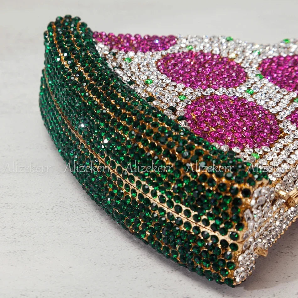 Alizekerr Pizza Shaped Diamond Evening Clutch Bags 2024 New Gorgeous Unique Metallic Watermelon Rhinestone Purses Wedding Party-belleandkai.com
