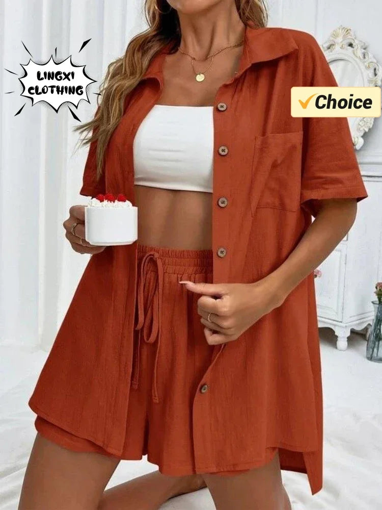2024 Summer Fashion Sports Casual Cotton Linen Two Piece Set for Women's Single Breasted Shirt Elastic Waist Short Two Piece Set-belleandkai.com