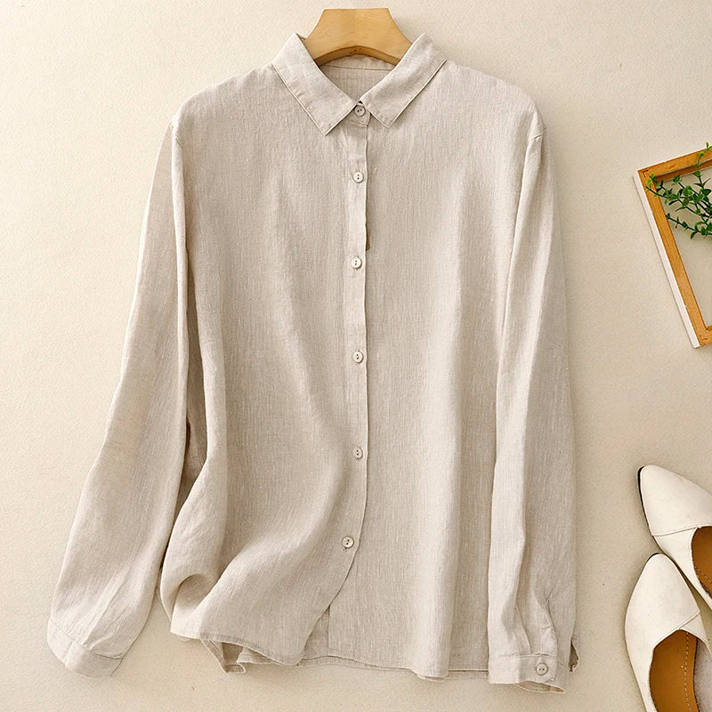 Cotton shirt female spring and autumn new fashion Japanese literature elegant solid color versatile long-sleeved casual blouse-belleandkai.com