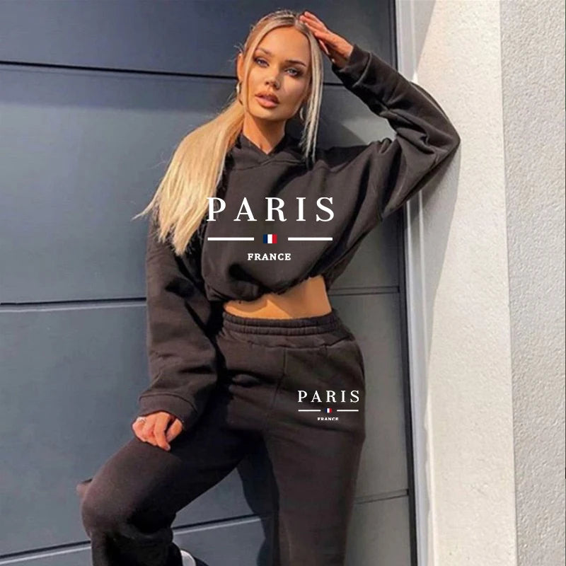 2025 Women Tracksuit Jogging Autumn Hooded Drawstring Short Sweatshirt Suit Daily Simplicity Casual Sportswear Printing Clothing-belleandkai.com