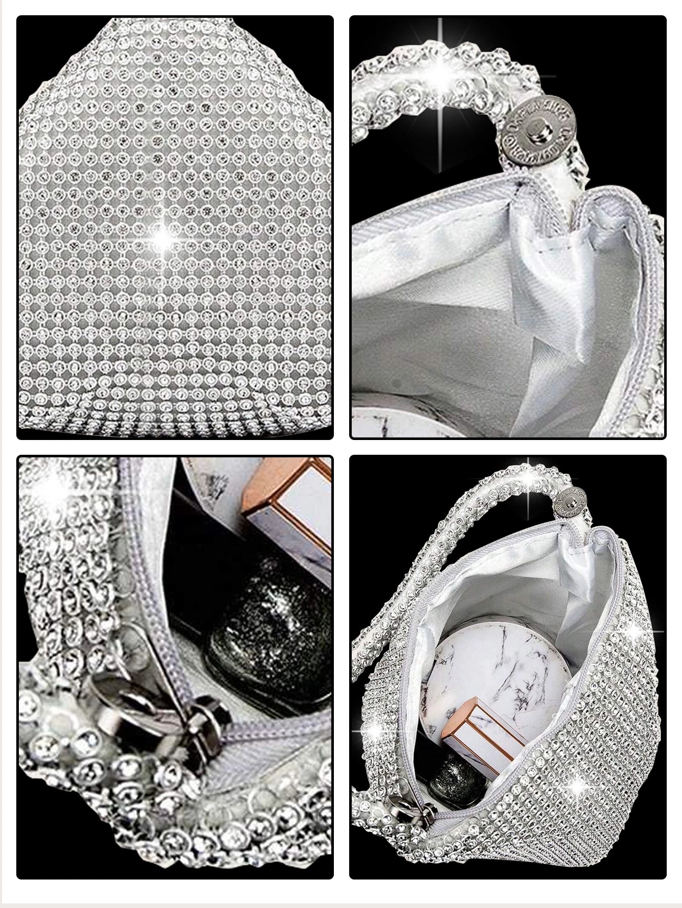 Elegant and luxurious rhinestone-encrusted evening bag and clutch, paired with a four-piece necklace, earrings and bracelet.-belleandkai.com
