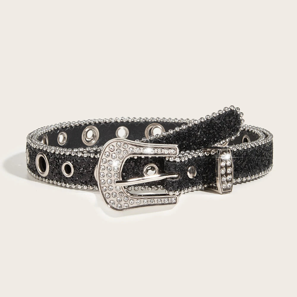 Stylish Rhinestone Western Cowgirl Style Y2K Belt Sparking Pu Leather BB Belts Jeans Dress Accessories For Women-belleandkai.com