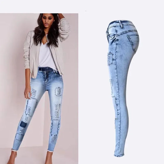 Summer Style Low Waist Sky Blue Patchwork Skinny Tights Women Pencil Jeans High Stretch Sexy Push Up Denim Women Fashion Jeans-belleandkai.com