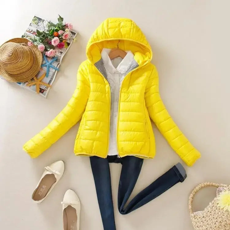 Quilted Padded Yellow Hoodie Short Feather Jackets for Women Lightweight Puffer Thick Padding Cropped Woman Coat Black Cold Hot-belleandkai.com