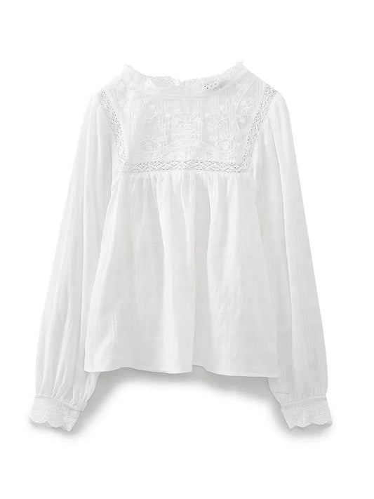 Willshela Women Fashion Embroidery White Hollow Out Blouse Vintage O-Neck Long Sleeves Female Chic Lady Shirts-belleandkai.com