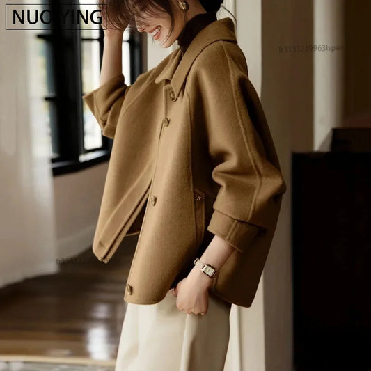 Long Sleeves Wool Blend Female Outwear Korean Large Size 4XL Woolen Short Ladies Jacket Winter Flip Collar Woolen Women Coat-belleandkai.com