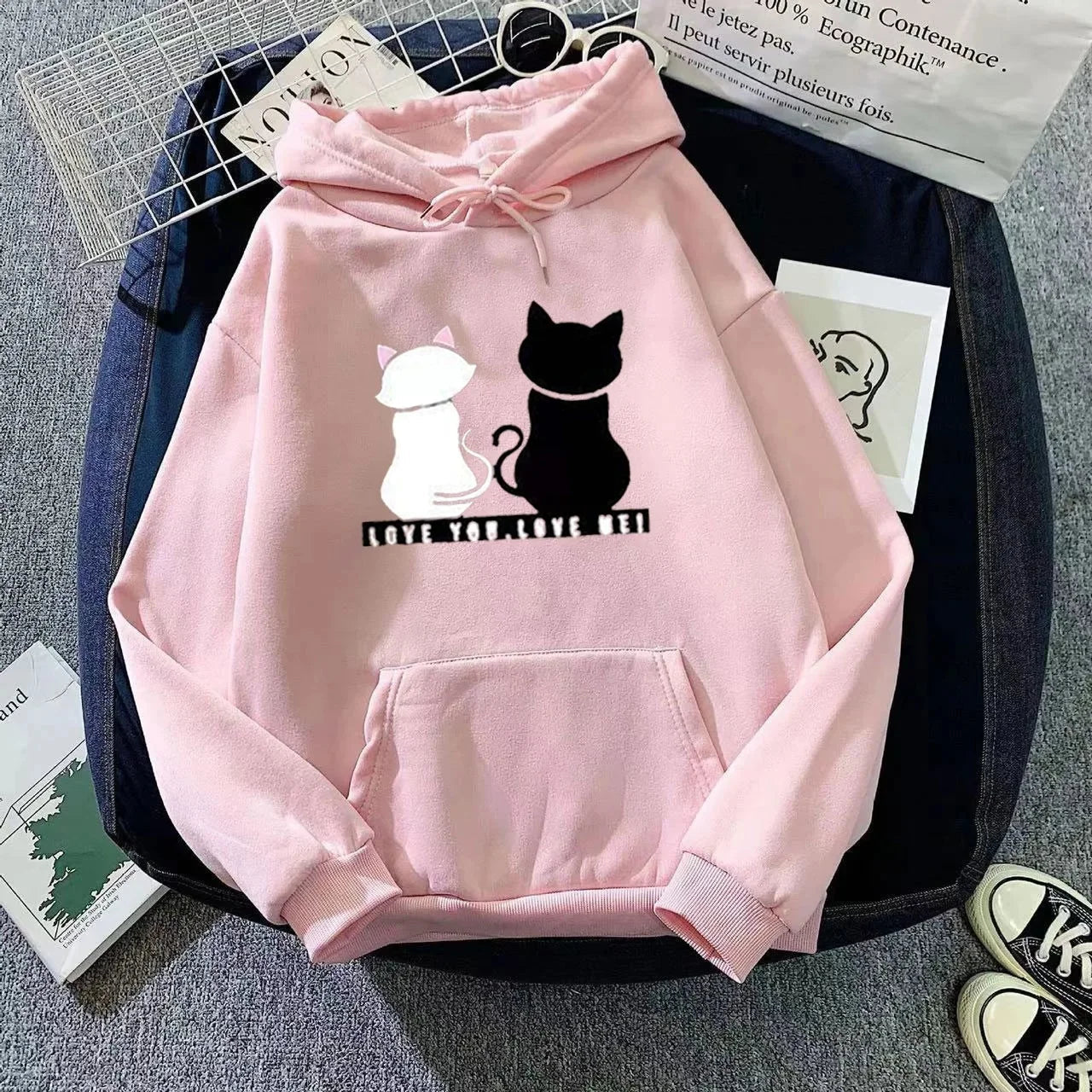 Women's Fleece Lined Hoodie Casual Cartoon Cat Print Oversize Loose Fit Autumn Winter Top Fashion Comfortable Streetwear-belleandkai.com