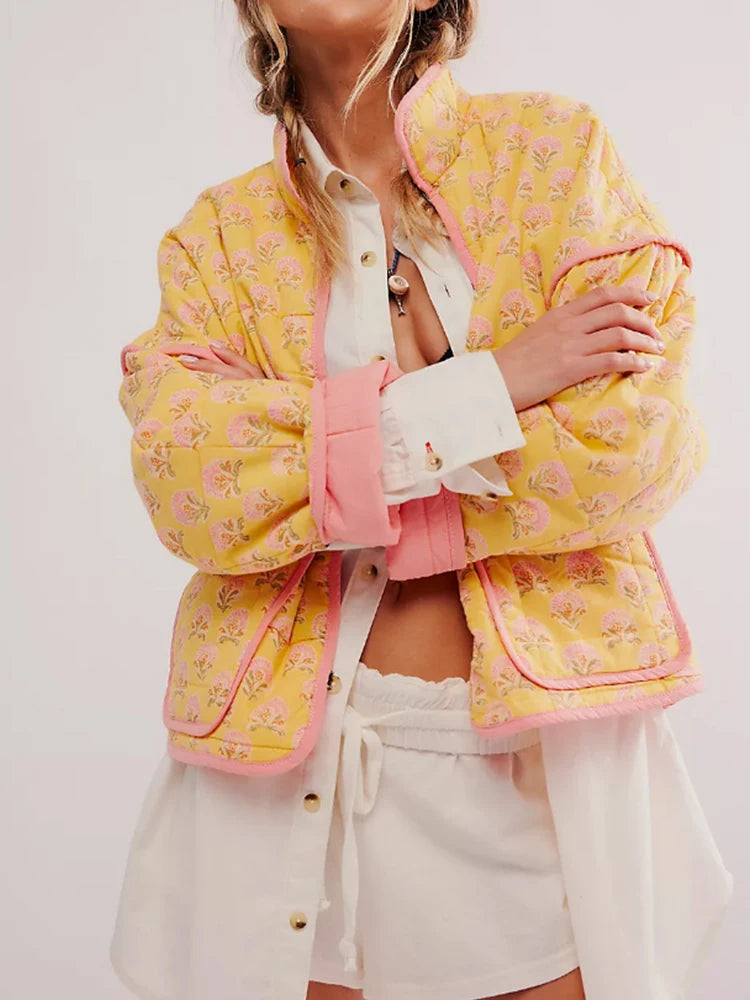 Print Quilted Cotton Jacket Women Fashion Long Sleeved High Neck Coats Female Single Breasted Loose Coat Autumn New Outerwear-belleandkai.com