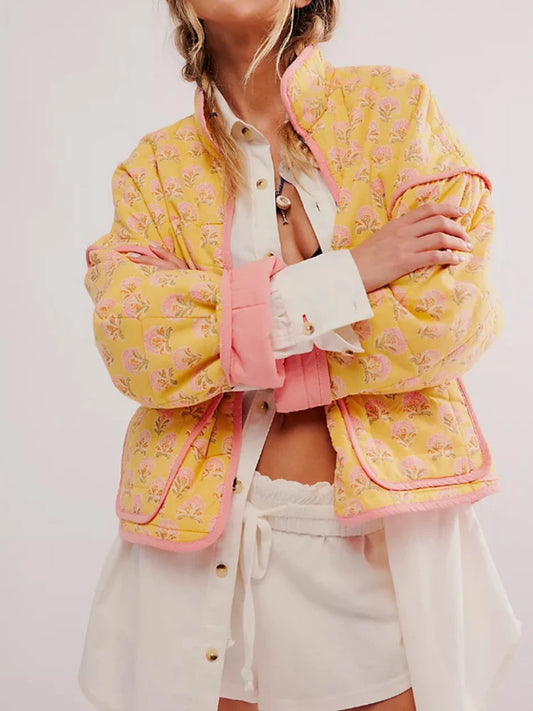 Print Quilted Cotton Jacket Women Fashion Long Sleeved High Neck Coats Female Single Breasted Loose Coat Autumn New Outerwear-belleandkai.com