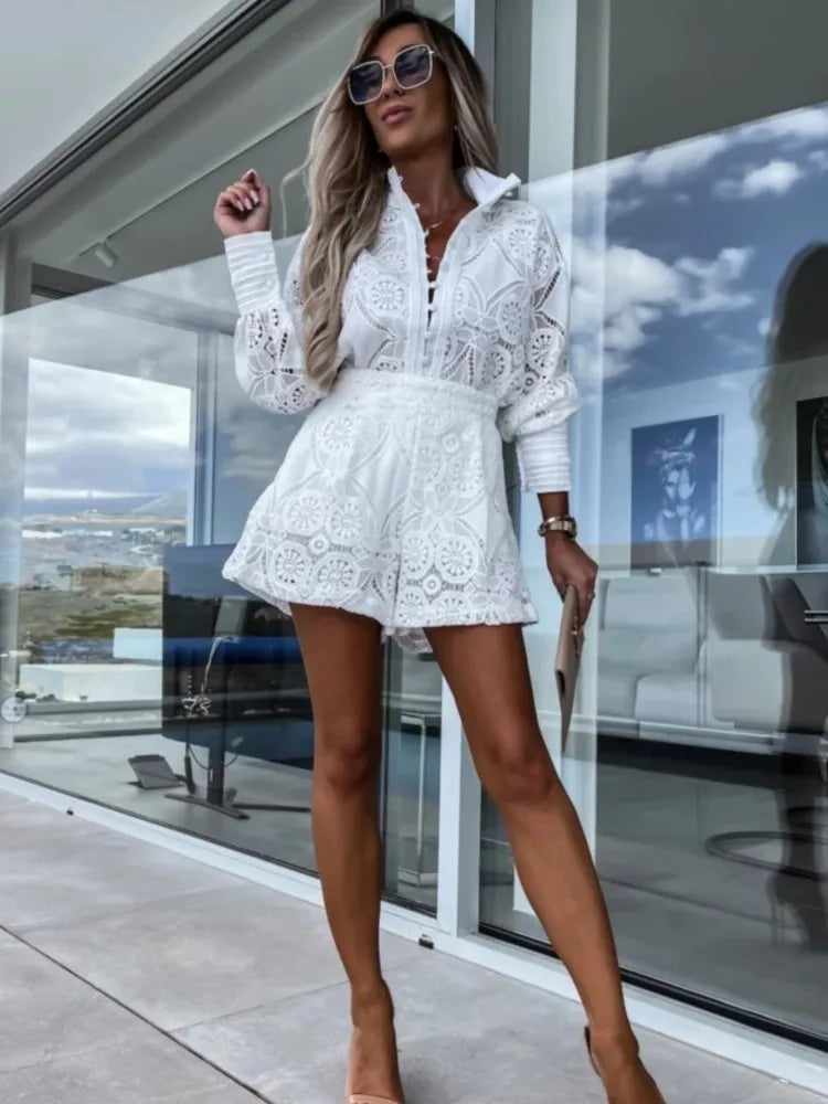 Vintage White Lace Shirt Shorts Sets Women Spring Summer Long Sleeve Button Top Shorts 2 Piece Set Elegant Party Outfits Femme-belleandkai.com