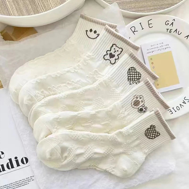 5 Pairs/Lot Socks Women's Cotton Print Short Ankle Set White Sports Cycling Running Compression Summer Breathable-belleandkai.com