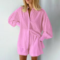 Women Jacquard Puff Sleeves Two Piece Sets for Summer Fashion Loose Shorts and Long Sleeved Shirt Outfits-belleandkai.com