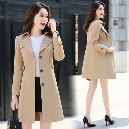 Slim Fit Long Coat Jacket Women's Casual Khaki Color Autumn Winter Outerwear Full Sleeve Chinese Brand Fashionable Windbreaker-belleandkai.com