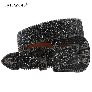 Skull Rhinestone Belts For Women Men Y2K Leather Strap Crystal Studded Western Cowgirl Cowboy Diamond Bling Bling Belt-belleandkai.com