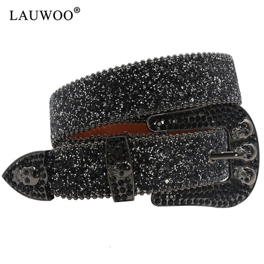 Skull Rhinestone Belts For Women Men Y2K Leather Strap Crystal Studded Western Cowgirl Cowboy Diamond Bling Bling Belt-belleandkai.com