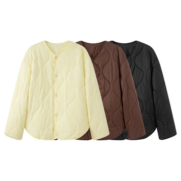 BSK&TRAF Women's 2025 Autumn and Winter New Solid Color Series Round Neck Diamond Quilted Jacket Top Thickened Coat-belleandkai.com
