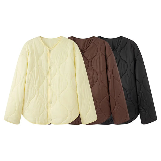 BSK&TRAF Women's 2025 Autumn and Winter New Solid Color Series Round Neck Diamond Quilted Jacket Top Thickened Coat-belleandkai.com