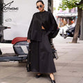 Oymimi Fashion Black Two Piece Set For Women Casual O-Neck Long Sleeve Button Shirts And High Waist Loose Pockets Trousers Sets-belleandkai.com