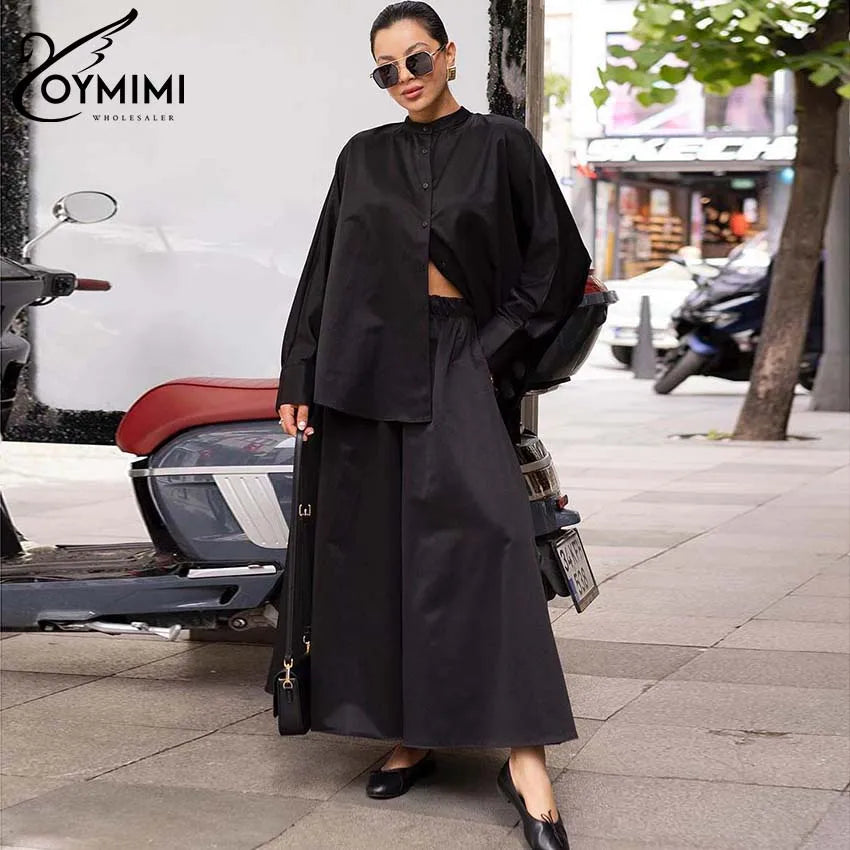 Oymimi Fashion Black Two Piece Set For Women Casual O-Neck Long Sleeve Button Shirts And High Waist Loose Pockets Trousers Sets-belleandkai.com