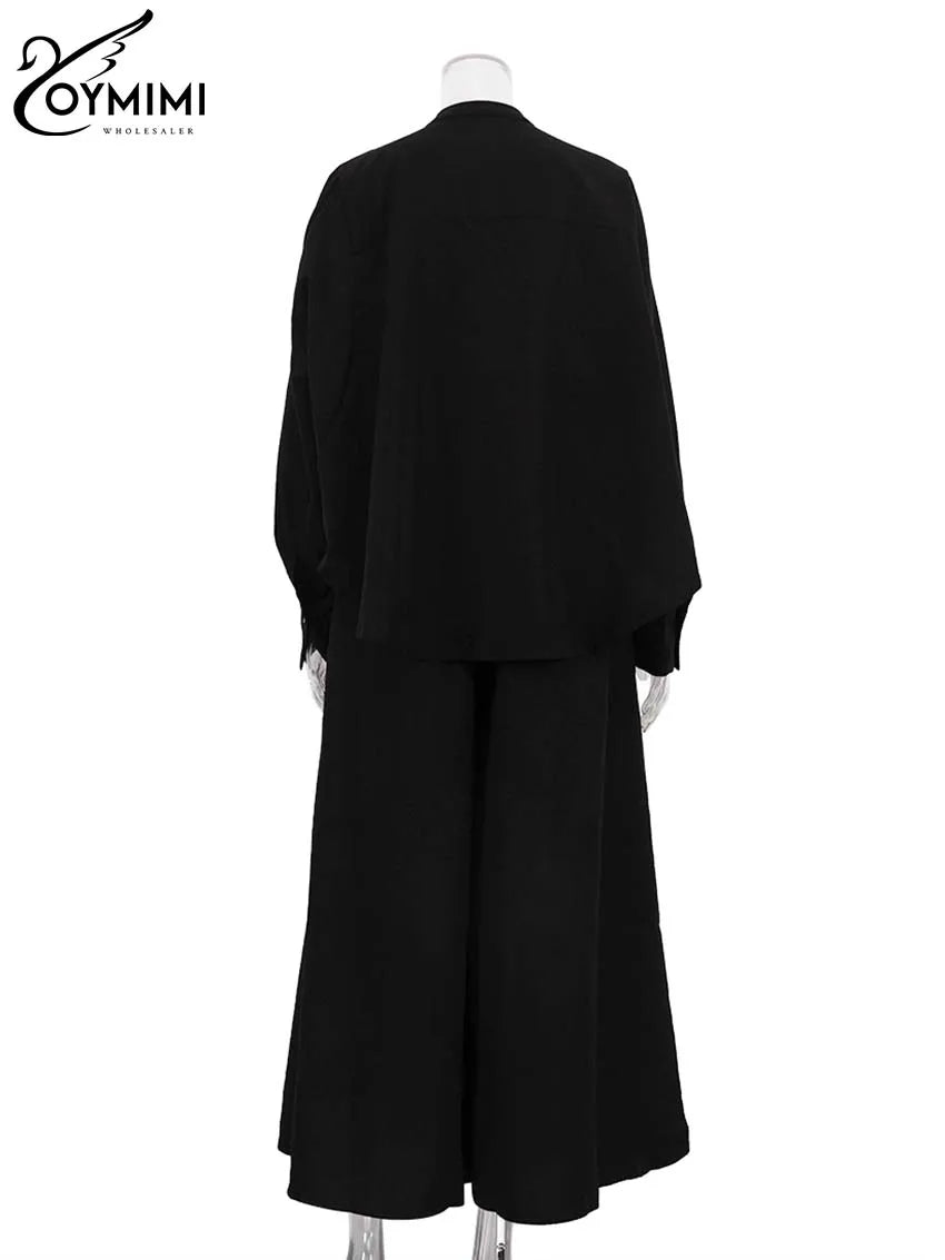 Oymimi Fashion Black Two Piece Set For Women Casual O-Neck Long Sleeve Button Shirts And High Waist Loose Pockets Trousers Sets-belleandkai.com