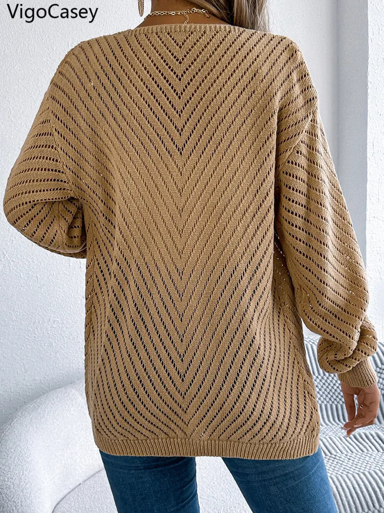 VigoCasey 2025 Autumn Winter Female Solid Sweater Cardigan Women Long Sleeve Cardigan Lady Hollow Loose Knitted Coat Outwears-belleandkai.com