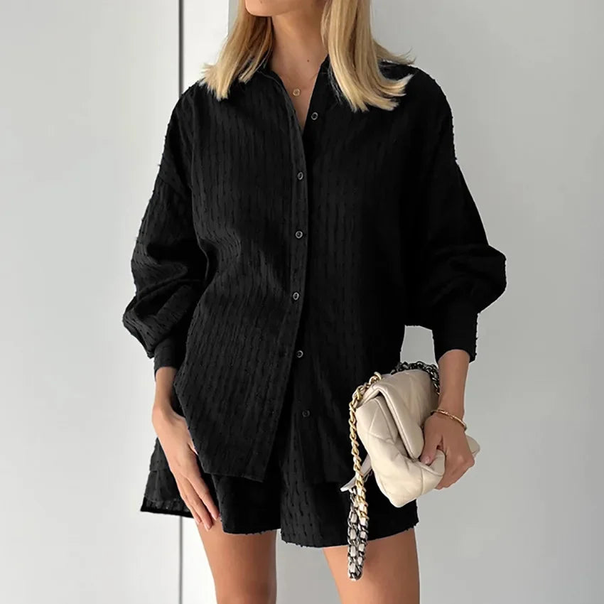 Women Jacquard Puff Sleeves Two Piece Sets for Summer Fashion Loose Shorts and Long Sleeved Shirt Outfits-belleandkai.com