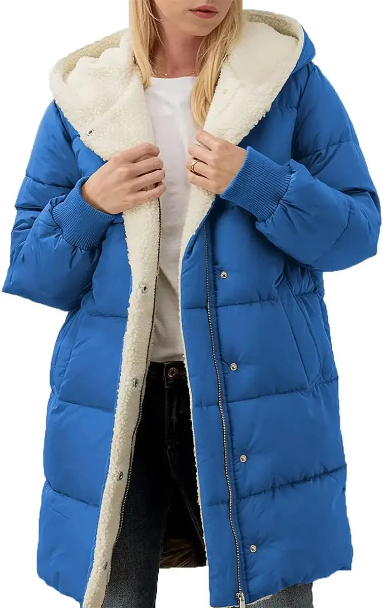 Womens Winter Warm Coats Sherpa Fleece Lined Long Hooded Puffer Jacket-belleandkai.com
