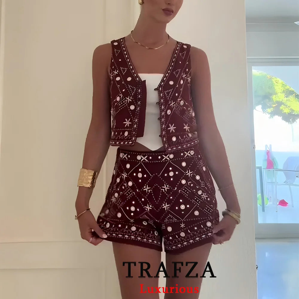 TRAFZA Casual Chic Red Embroidery Women Suits V Neck Sleeveless Vest Wide Leg Shorts Fashion 2025 Summer  Boho V Neck Women Sets-belleandkai.com