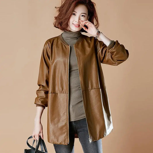 Fashion Plus Size Leather Jacket Women Zipper Windbreaker High-end Spring Autumn Coats Baseball Jersey Long Sleeve Trench Coat-belleandkai.com