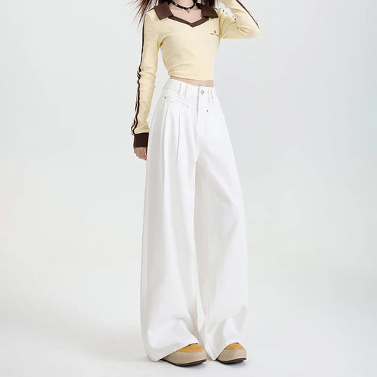 Woman Jeans High Waist Wide Leg Cotton Denim Clothing Design Sense Straight Pant Fashion Comfort White Retro Blue Casual Trouser-belleandkai.com