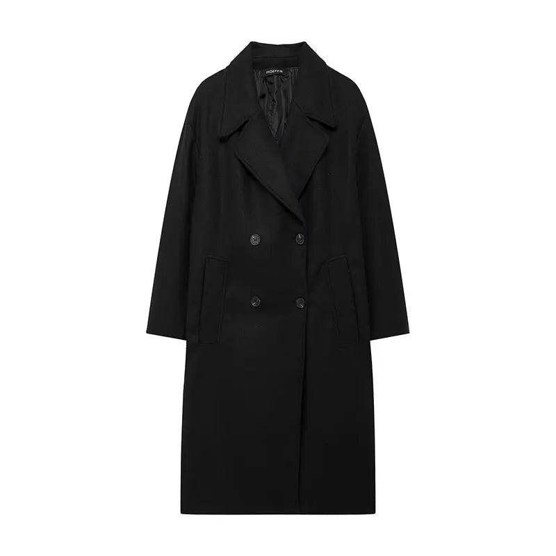 TRAFZA Winter Coat For Women 2024 Solid Lapel Double Breasted Long Cardigan Top Female Pokcet Streetwear Woman New In OuterCoat-belleandkai.com