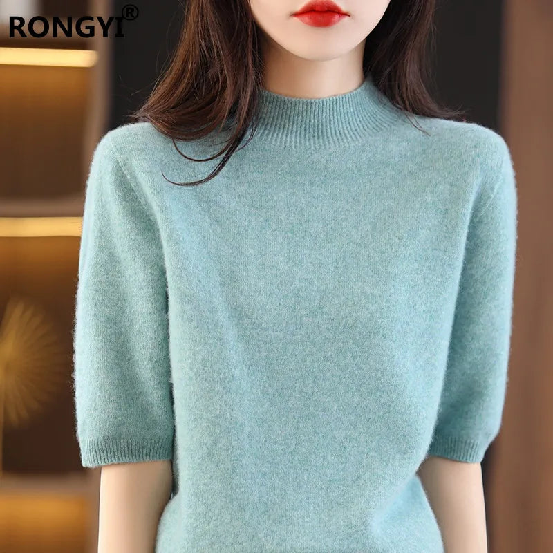 RONGYI Seamless Cashmere Sweater Knitted Women's Clothing 100% Pure Wool Short-Sleeved 2022 Spring Five-Quarter Sleeve  Pullover-belleandkai.com