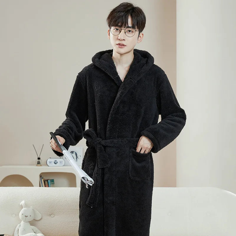Bathrobe Woman Shower Couple Pyjamas Nightgown Women Homewear Hooded Men Winter Thickened Long Flannel Suit Easy to Clean Black-belleandkai.com