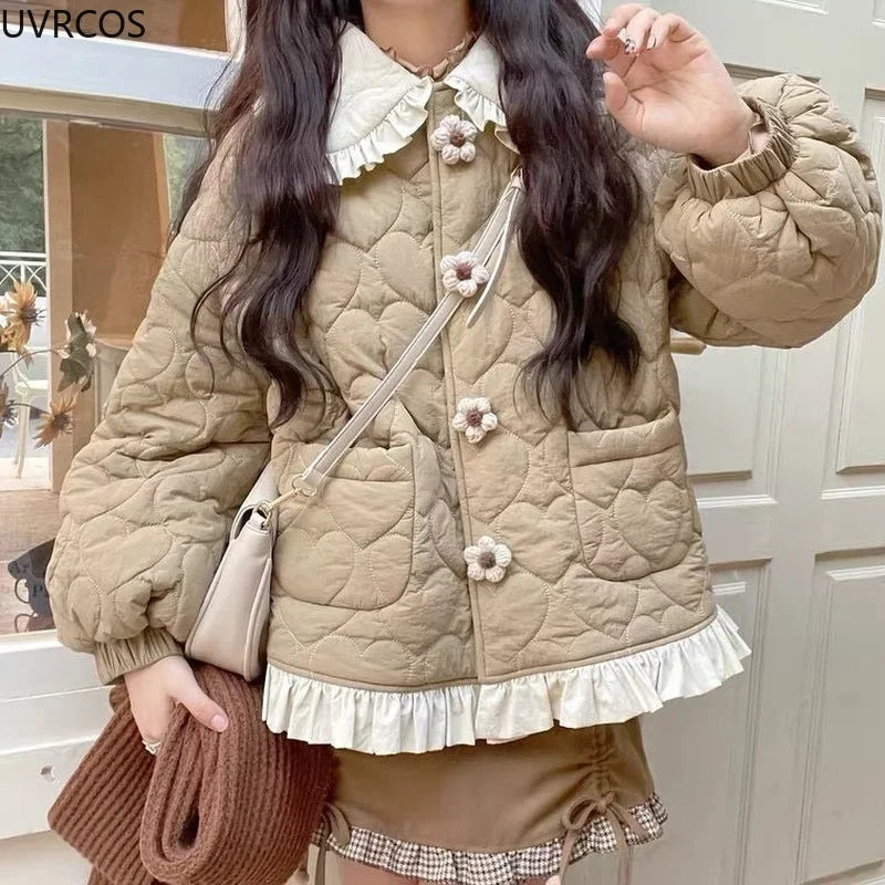 Korean Style Cute Loose Warm Winter Jacket Women Chic Ruffle Neck Sweet Parkas Overcoat Japanese Harajuku Kawai Padded Coat 2023-belleandkai.com