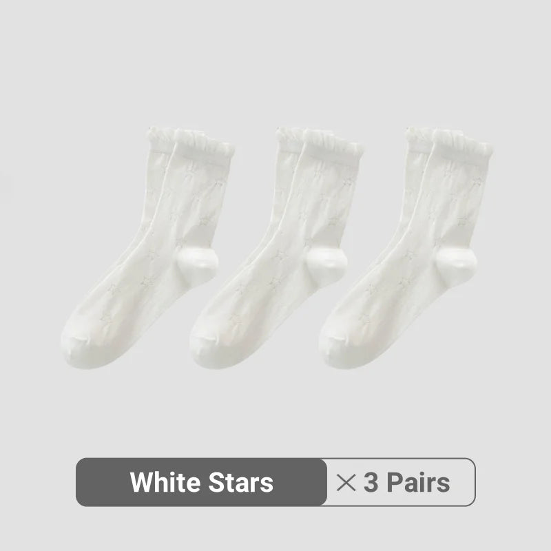 Women White Cream Lace Stackable Mid Calf Socks Bow Heart Star Design K-Style Spring Summer Thin Socks-belleandkai.com