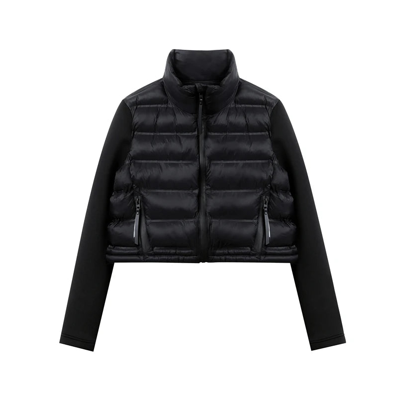 RARF Women's stand-up collar pressure glue zipper Black splicing space cotton jacket jacket for women-belleandkai.com