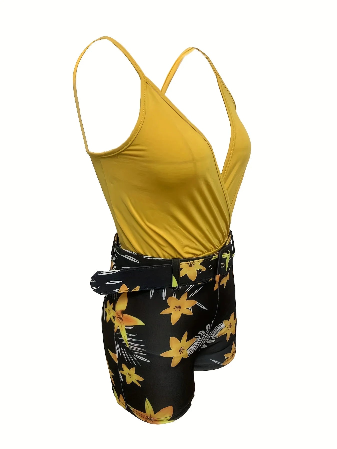 European and American Cross-border New Women's Clothing V-neck Camisole and Plant Print Shorts Set with Belt-belleandkai.com