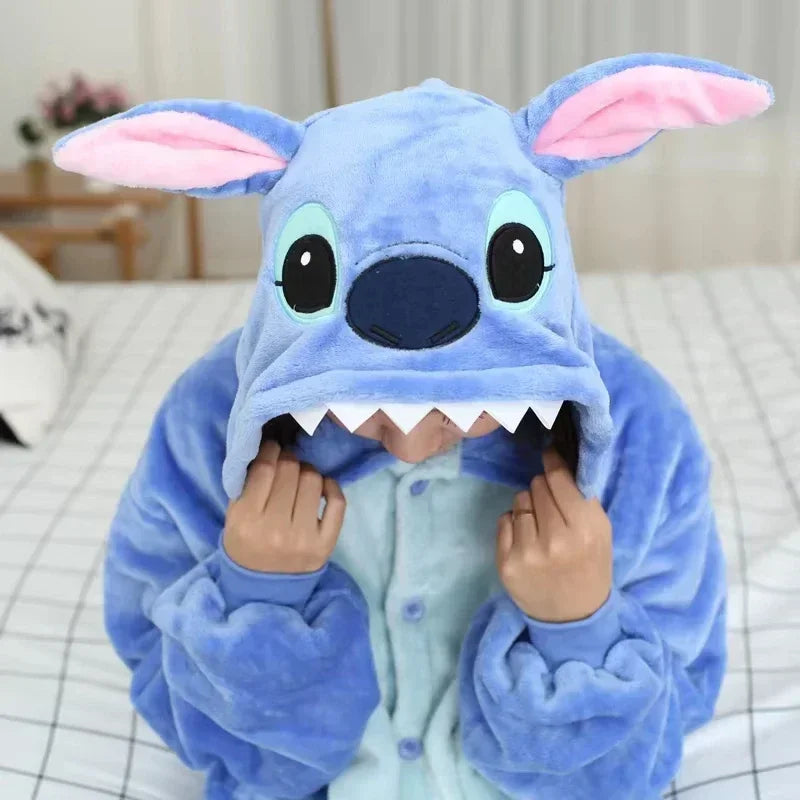 Disney Stitch Winter Adult Jumpsuit Men's and Women's Sleepwear Set Integrated Halloween Christmas Hooded Anime Jumpsuit-belleandkai.com