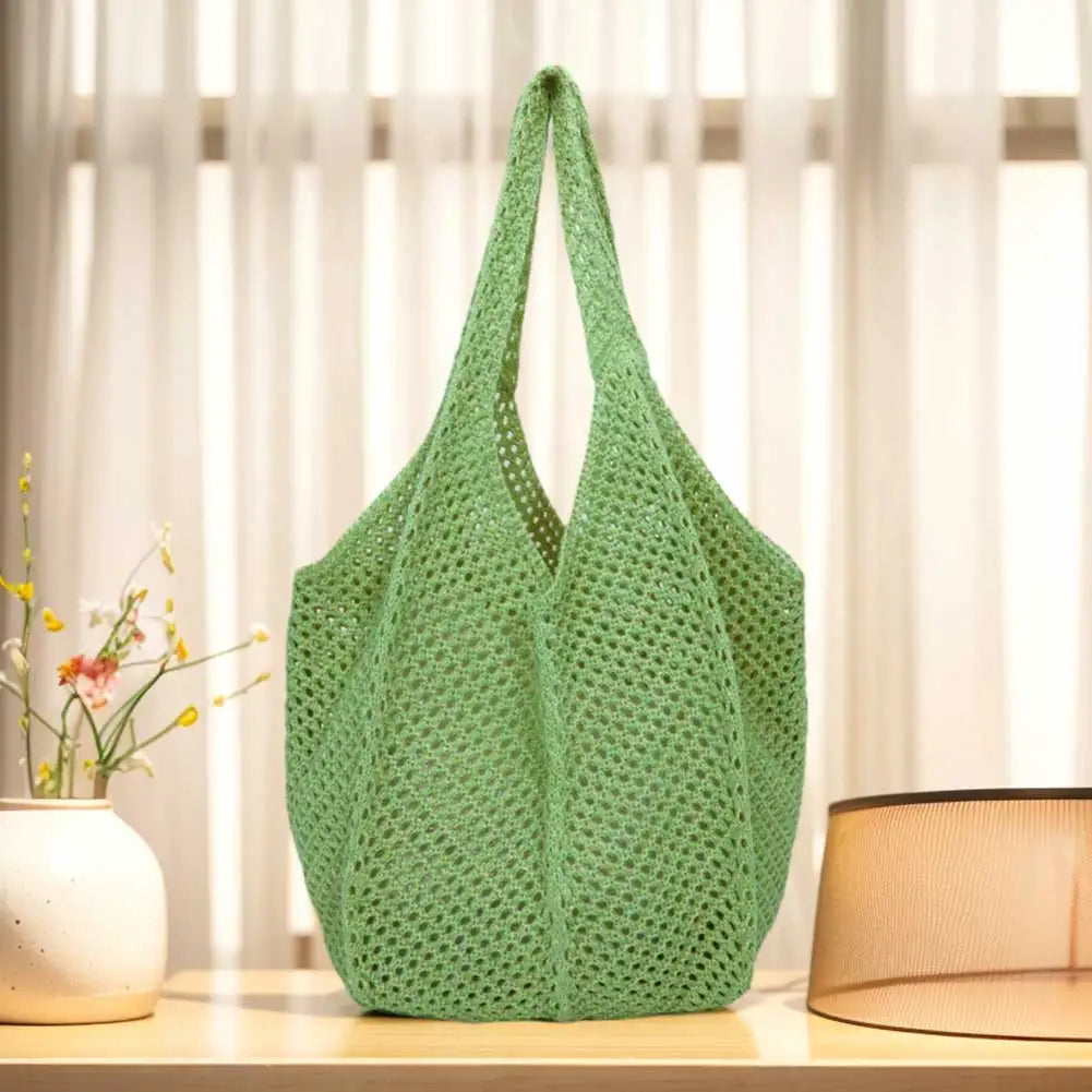 Women Crochet Tote Bag Mesh Beach Bag Large Capacity Fashion Knitted Bag Solid Color Simple Shopping Bag for Travel Vacation-belleandkai.com