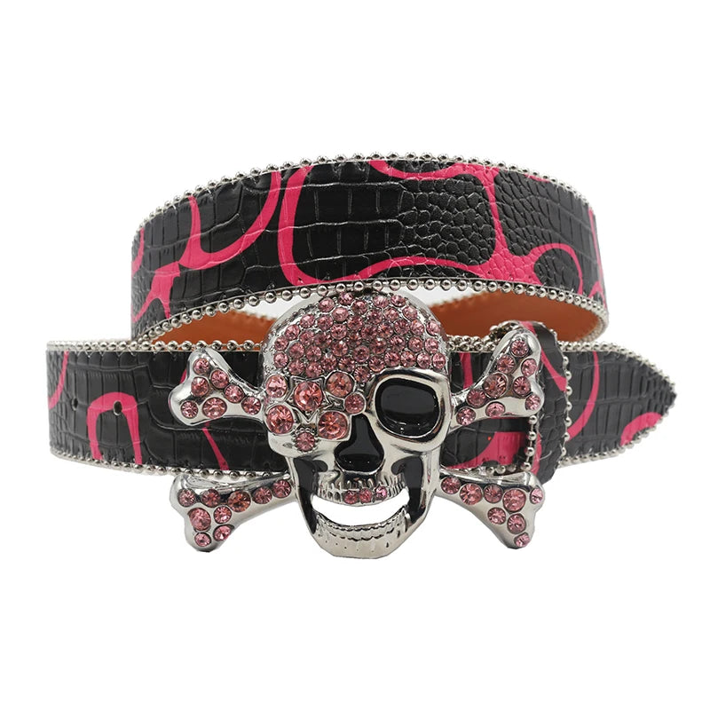 Skull Rhinestone Belts For Women Men Y2K Leather Strap Crystal Studded Western Cowgirl Cowboy Diamond Bling Bling Belt-belleandkai.com