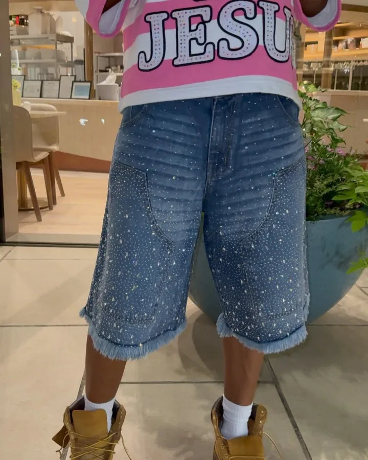 Y2k Street Men Women Double Waisted Retro Rhinestone Denim Shorts Gem Stones Embroidered Jeans Hip Hop Baggy Over The Knee Jorts-belleandkai.com