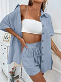 Long Sleeve Single breasted Top Broad legged Shorts Set Fashion Ladies Sexy Solid Suits 2024 Summer 2 Piece Outfits For Women-belleandkai.com