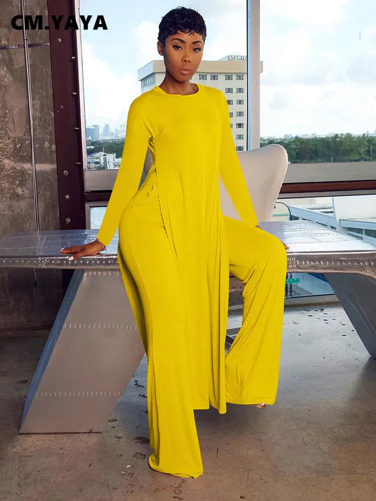 CM.YAYA Solid Classic Women's Set Long Sleeve High Slit X-long Tee Top Straight Pant Suit Tracksuit Fitness Two 2 Piece Outfits-belleandkai.com