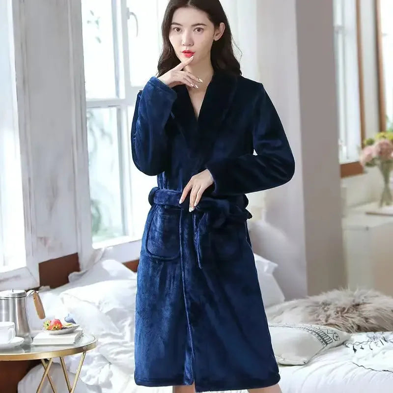 Thickened Flannel Robe Bathrobe Homewear Cardigan Sweater Women Autumn Winter White Lapel Coral Velvet Medium Length Bathwear-belleandkai.com